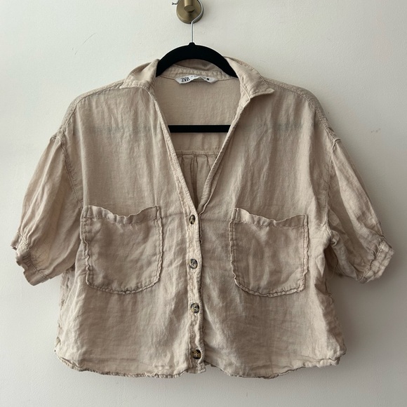 Zara Tops - Zara beige linen cropped button-down shirt, size XS